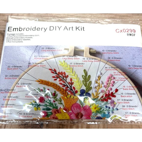 Embroidery DIY Art Kit With Instructions & Colorful Floral Design - Picture 1 of 3